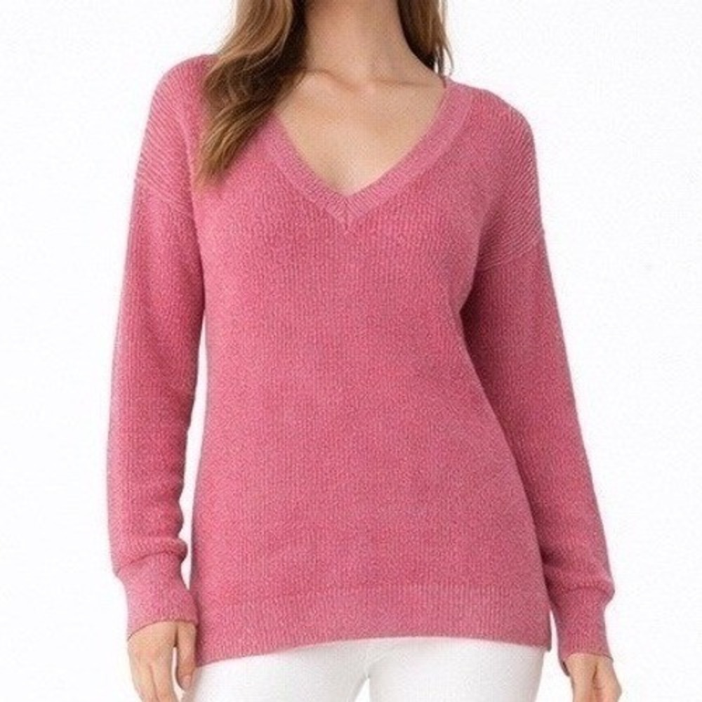 Gap Sweater Sz Sm Pink Cable knit y2k Stretchy Vneck Winter Fall Long 100 Cotton